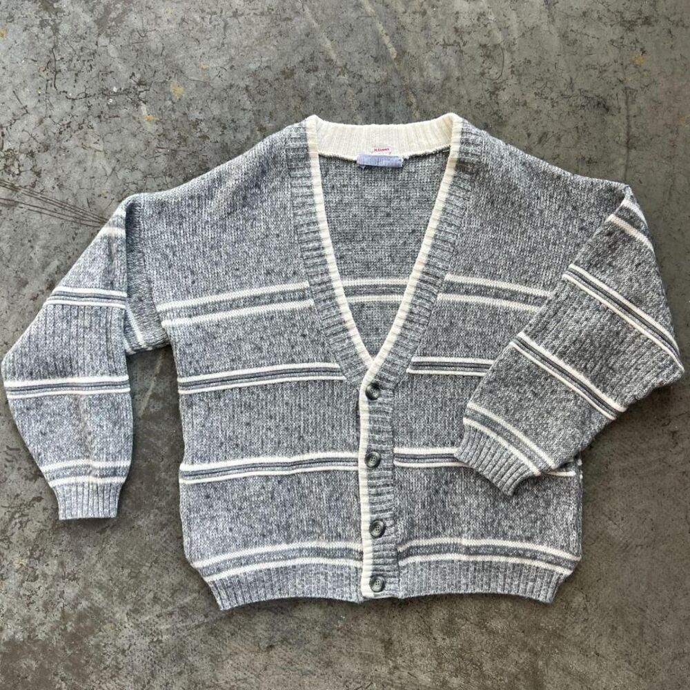 Vintage MARIO MARRI Striped Cardigan Geometric Grey and White Wool Blend XL